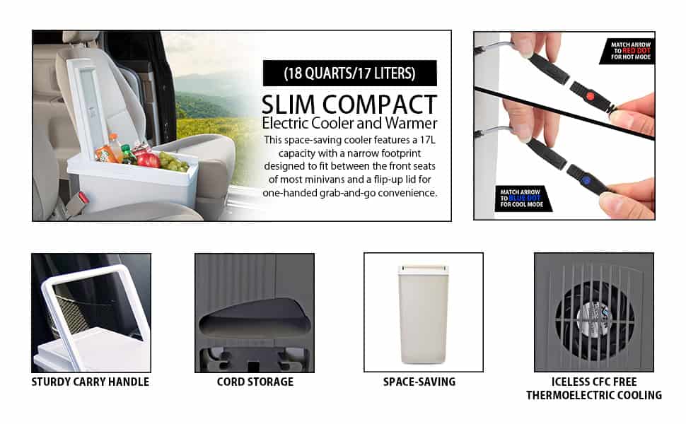 Slim Compact P20 Thermoelectric Iceless 12V Cooler Warmer, 17L / 18 qt Portable Travel Fridge, Grey and White, Made in North America
