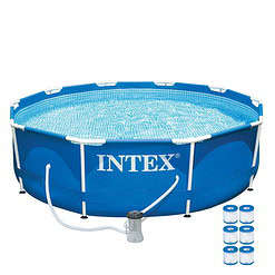 Intex 10ft x 30in Metal Frame Above Ground Pool Set & 6 Type H Filter Cartridges