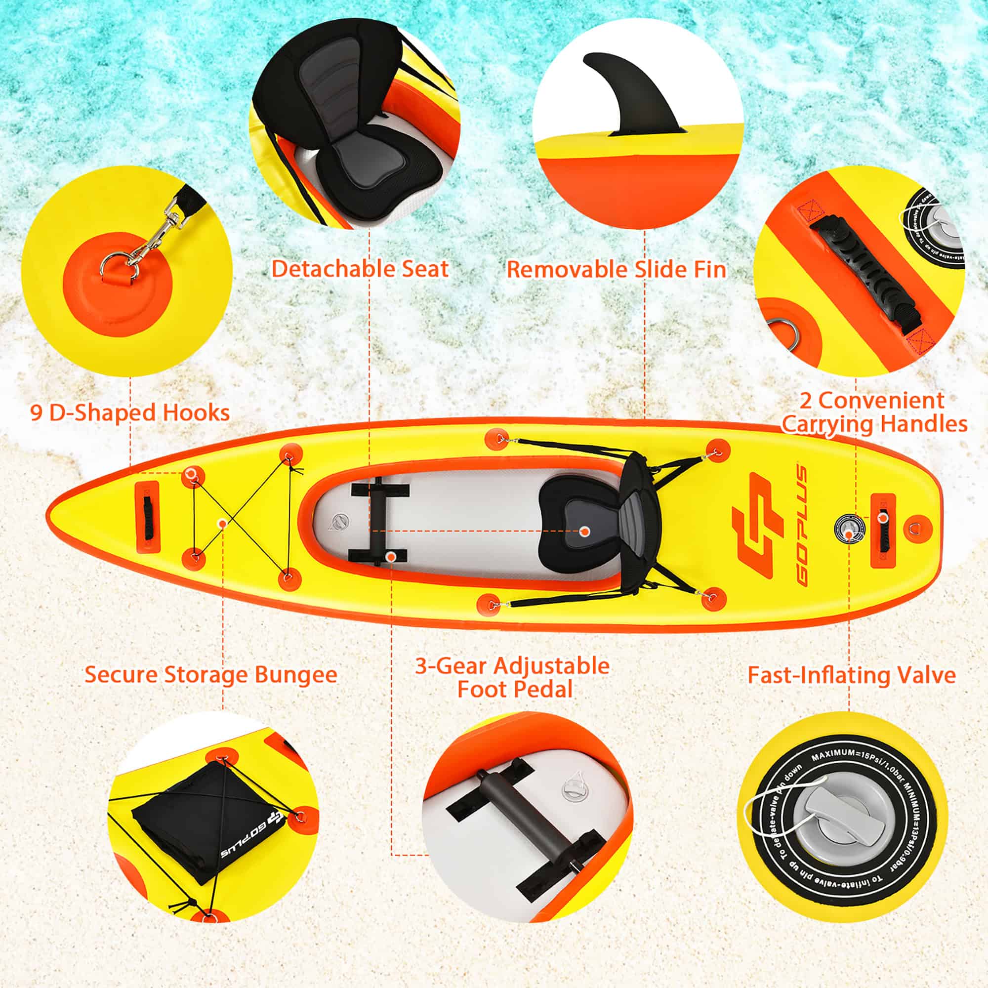 Goplus 10.8' Inflatable Kayak Set K1 1-Person Sit-On-Top Kayak with Oars Yellow
