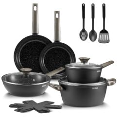 BEZIA Induction Cookware Set 15-Piece, Nonstick Pots and Pans Set, Compatible with All Stoves, Black