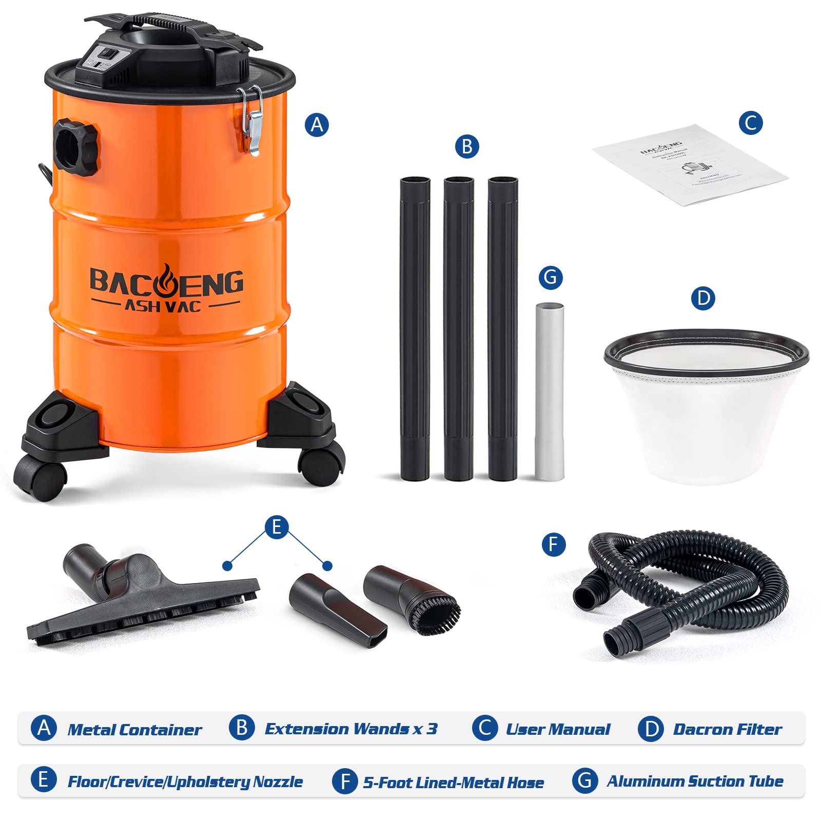 BACOENG 5.3-Gallon Ash Vacuum with Double Stage Filtration System, 10 Amp Ash Vacuum for Pellet Stoves