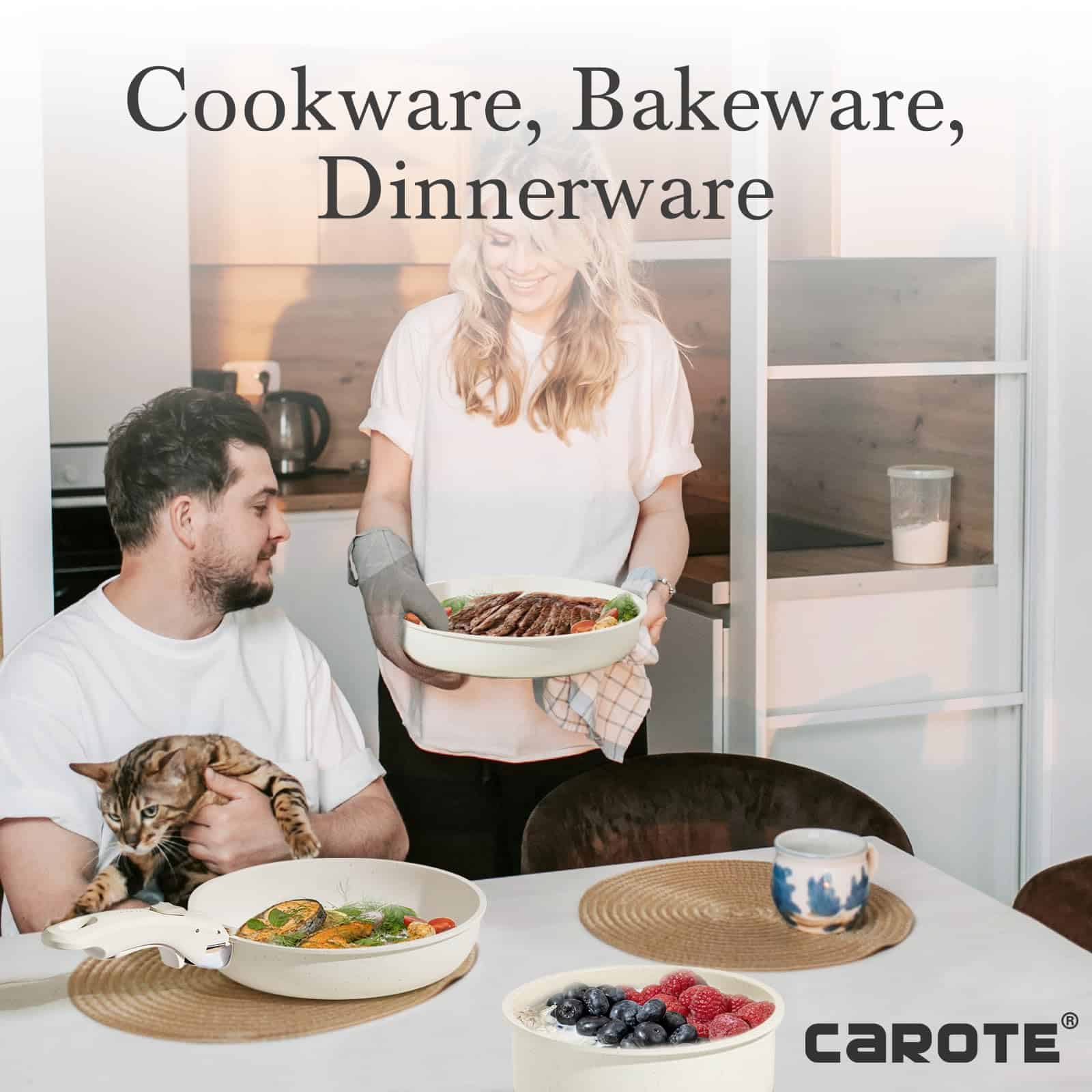 CAROTE 11pcs Pots and Pans Set Non Stick, Cookware Sets Detachable Handle, Cream White
