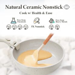 Bazova Ceramic Nonstick Cookware Set, Healthy, Non Toxic,17-Pieces Pots and Pans Set Removable Handles, Cream White