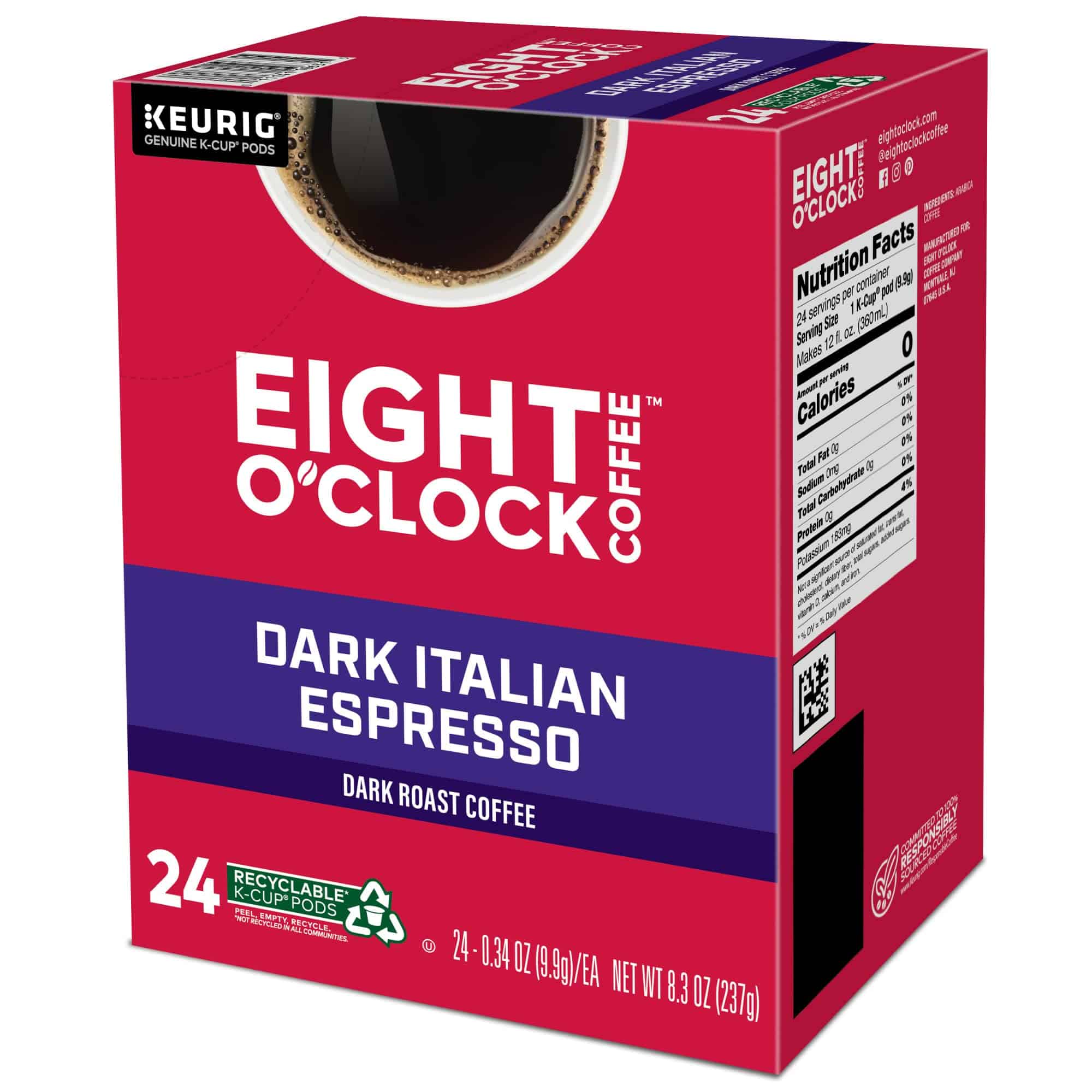 Eight O'Clock Coffee Dark Italian Espresso Roast Keurig Single-Serve K-Cup Pods, Dark Roast Coffee, 96 Count (4 Packs of 24)