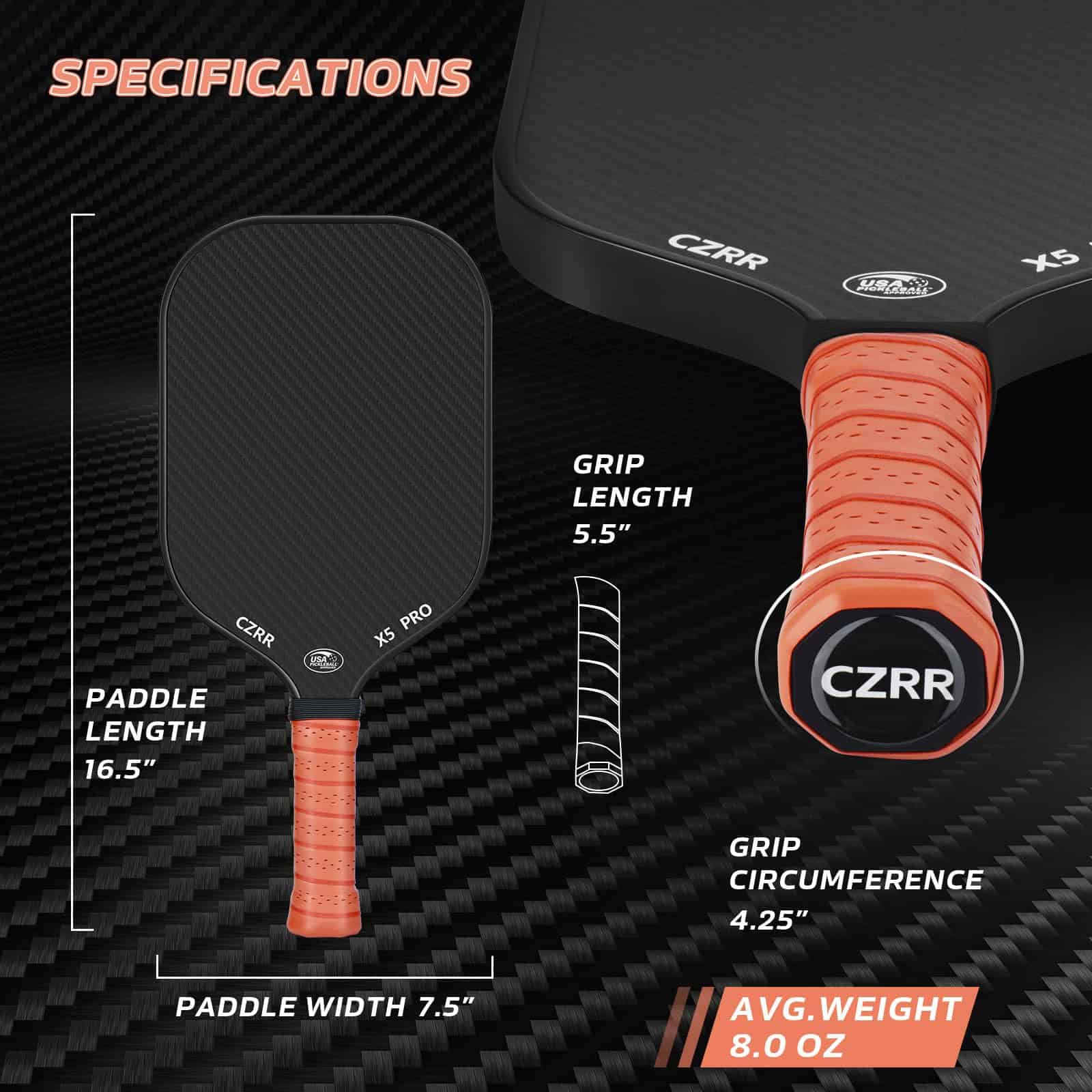 CZRR Pickleball Paddle, USA Pickleball Approved, 3K Raw Carbon Fiber Surface (CFS) High Grit & Spin, 16MM-1PC