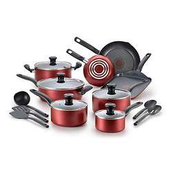 T-fal Initiatives Nonstick Cookware Set 18 Piece, Oven Broiler Safe 350F, Dishwasher Safe, Red