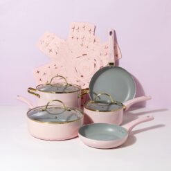 Paris Hilton Epic Nonstick Pots and Pans Set, Dishwasher Safe Cookware Set, 12-Piece, Pink