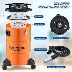 BACOENG 5.3-Gallon Ash Vacuum with Double Stage Filtration System, 10 Amp Ash Vacuum for Pellet Stoves