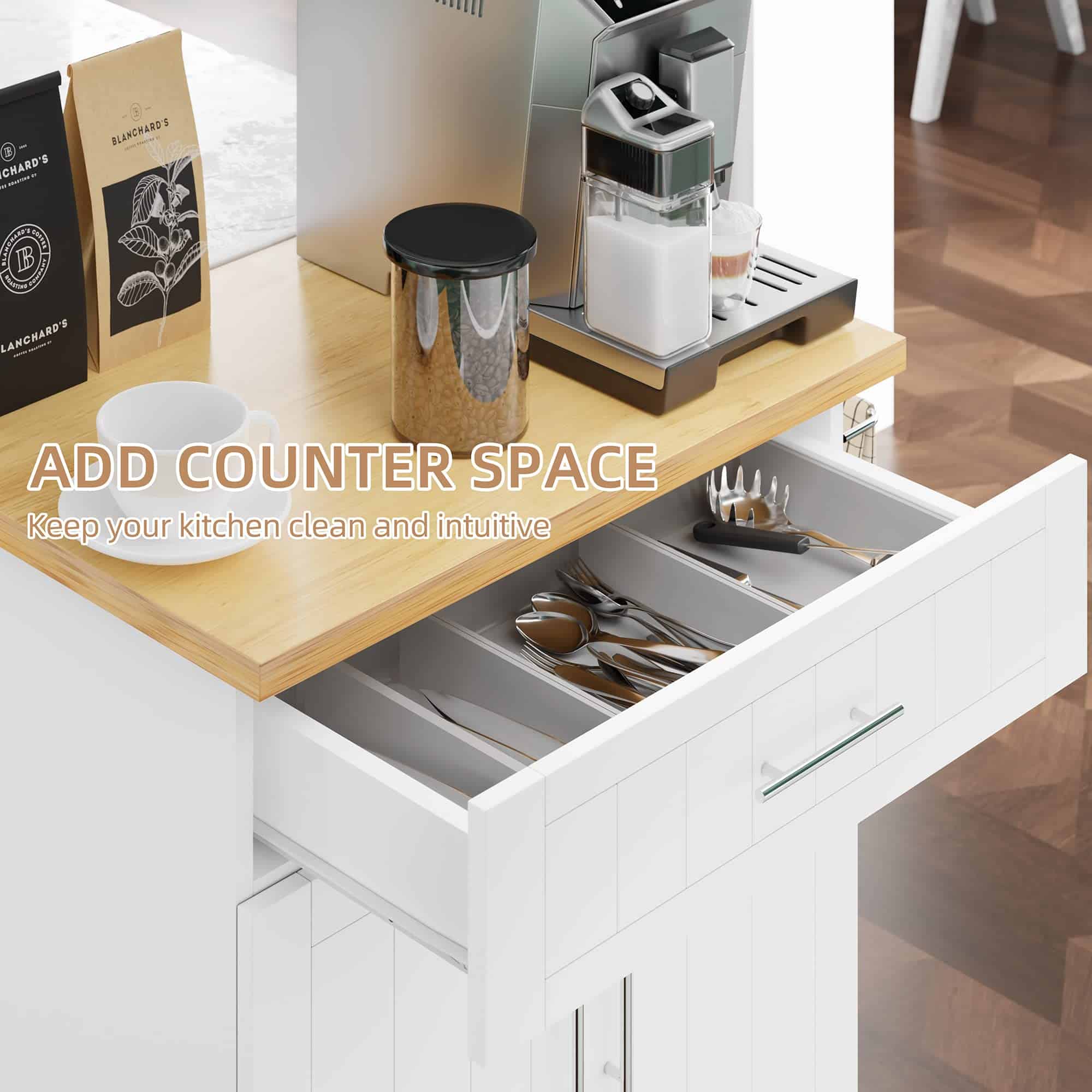 Shintenchi Kitchen Island Cart with Storage, Rolling Side Table on Wheels, White