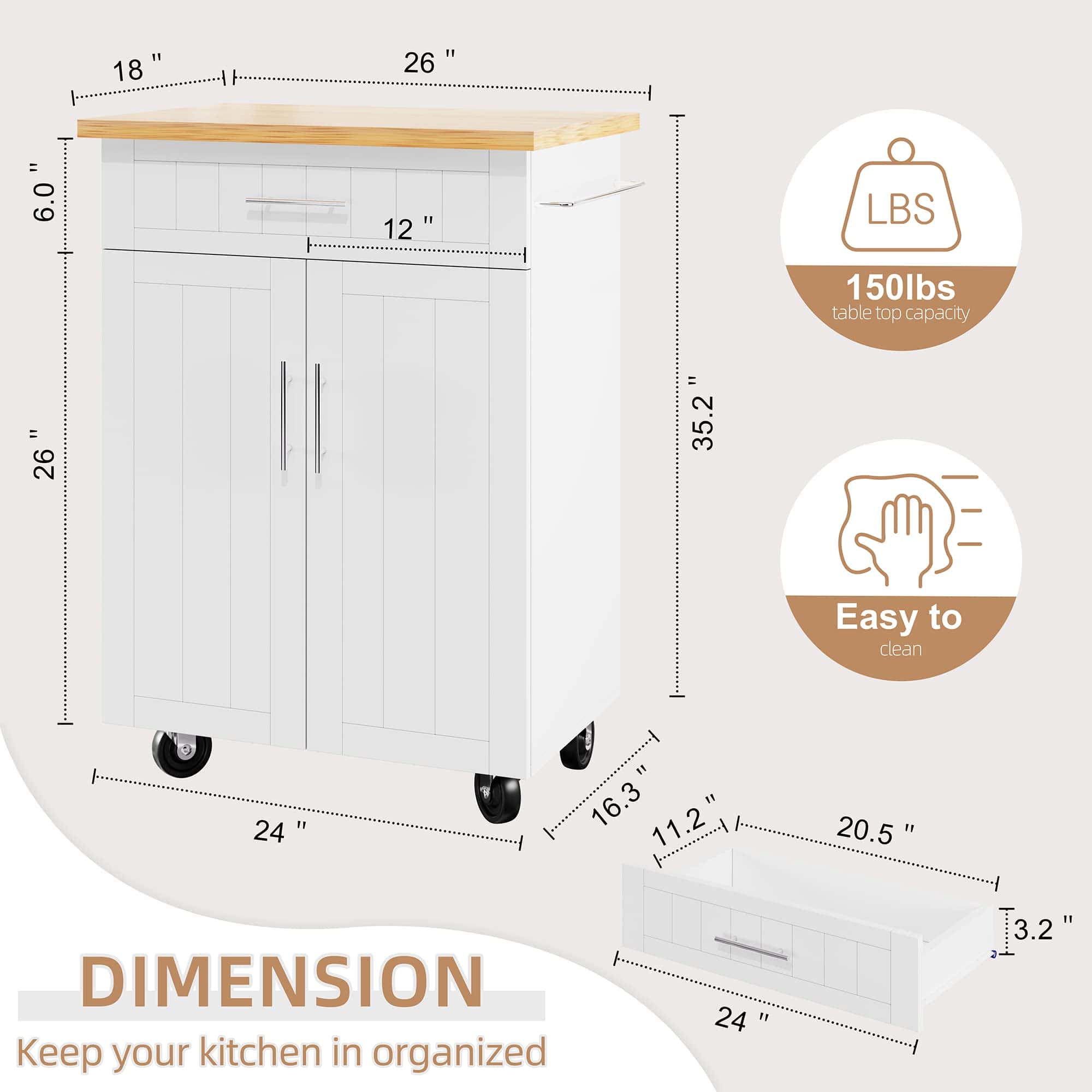 Shintenchi Kitchen Island Cart with Storage, Rolling Side Table on Wheels, White