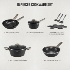 BEZIA Induction Cookware Set 15-Piece, Nonstick Pots and Pans Set, Compatible with All Stoves, Black