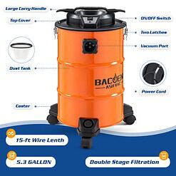 BACOENG 5.3-Gallon Ash Vacuum with Double Stage Filtration System, 10 Amp Ash Vacuum for Pellet Stoves