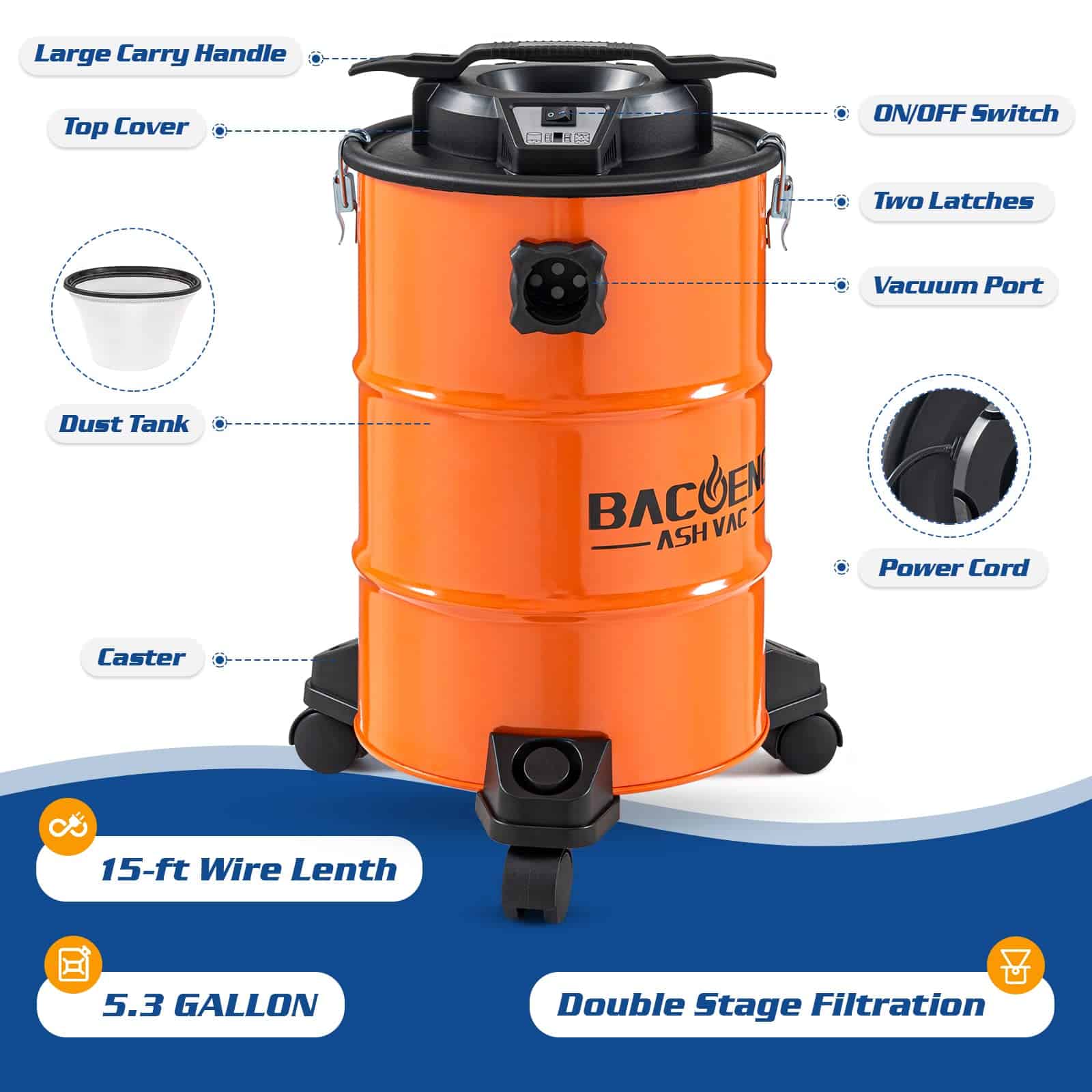 BACOENG 5.3-Gallon Ash Vacuum with Double Stage Filtration System, 10 Amp Ash Vacuum for Pellet Stoves