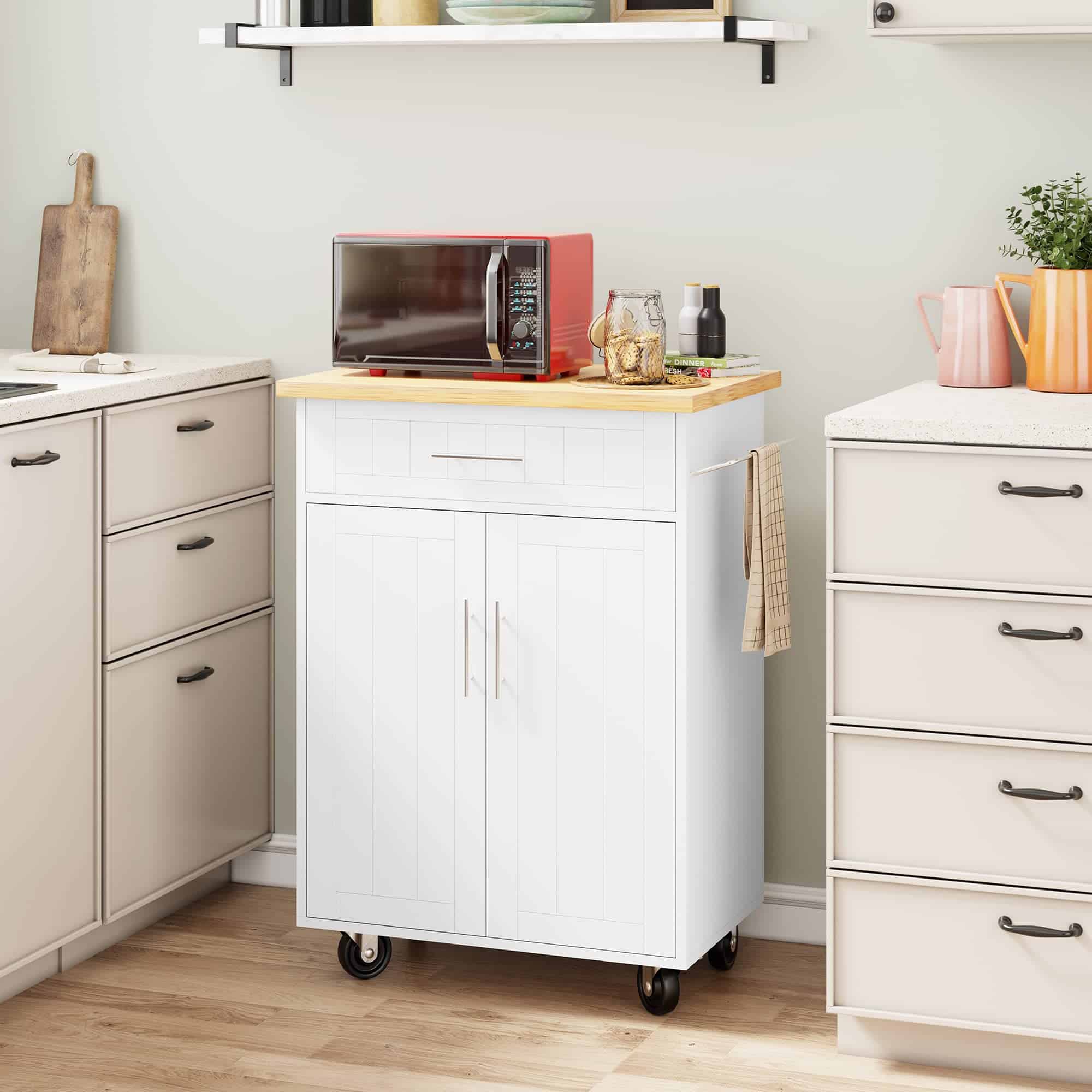 Shintenchi Kitchen Island Cart with Storage, Rolling Side Table on Wheels, White