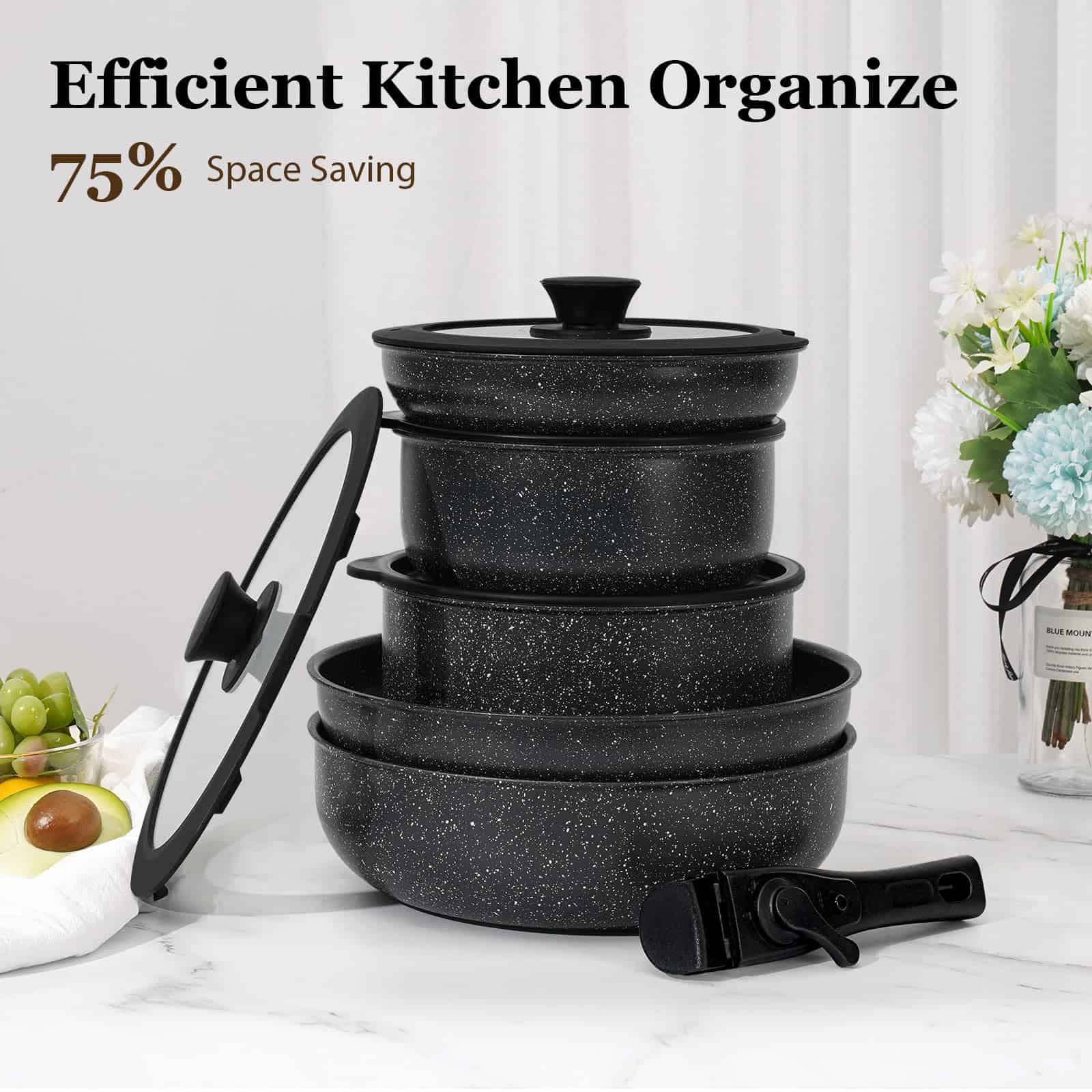 SODAY 15Pcs Pots and Pans Set Non Stick, Cookware Sets with Detachable Handle, Black