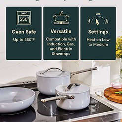 Caraway Nonstick Ceramic Cookware Set (12 Piece) Pots, Pans, 3 Lids and Kitchen Storage - Cream