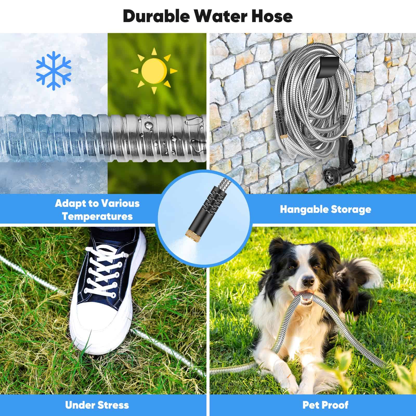 Itsonestep Garden Hose 50 FT, Metal Stainless Steel Water Hose with 10 Function Nozzles