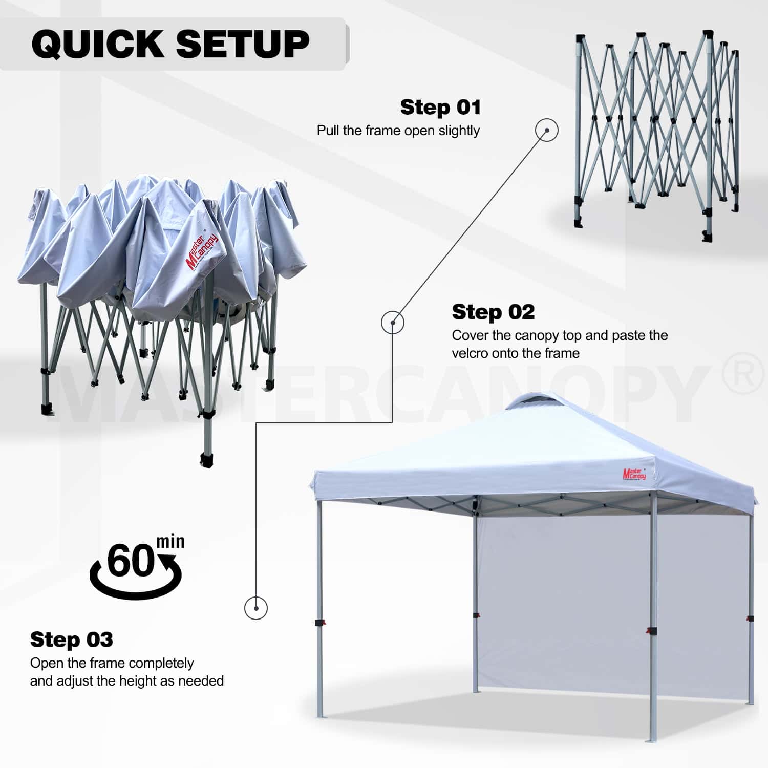 MASTERCANOPY 10' x 10' Easy Pop Up Canopy Instant Shelter with 1 Sidewall, White