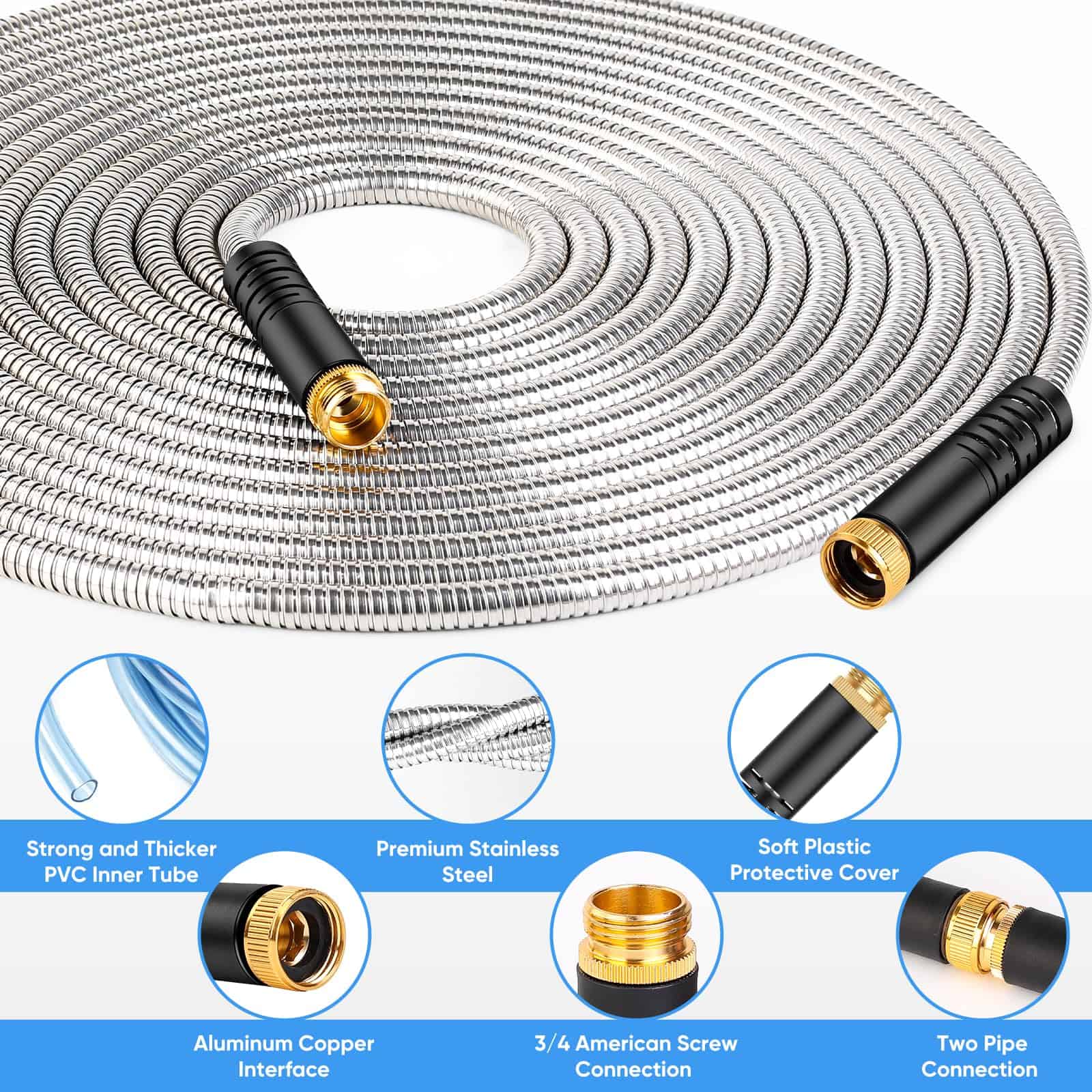 Itsonestep Garden Hose 50 FT, Metal Stainless Steel Water Hose with 10 Function Nozzles