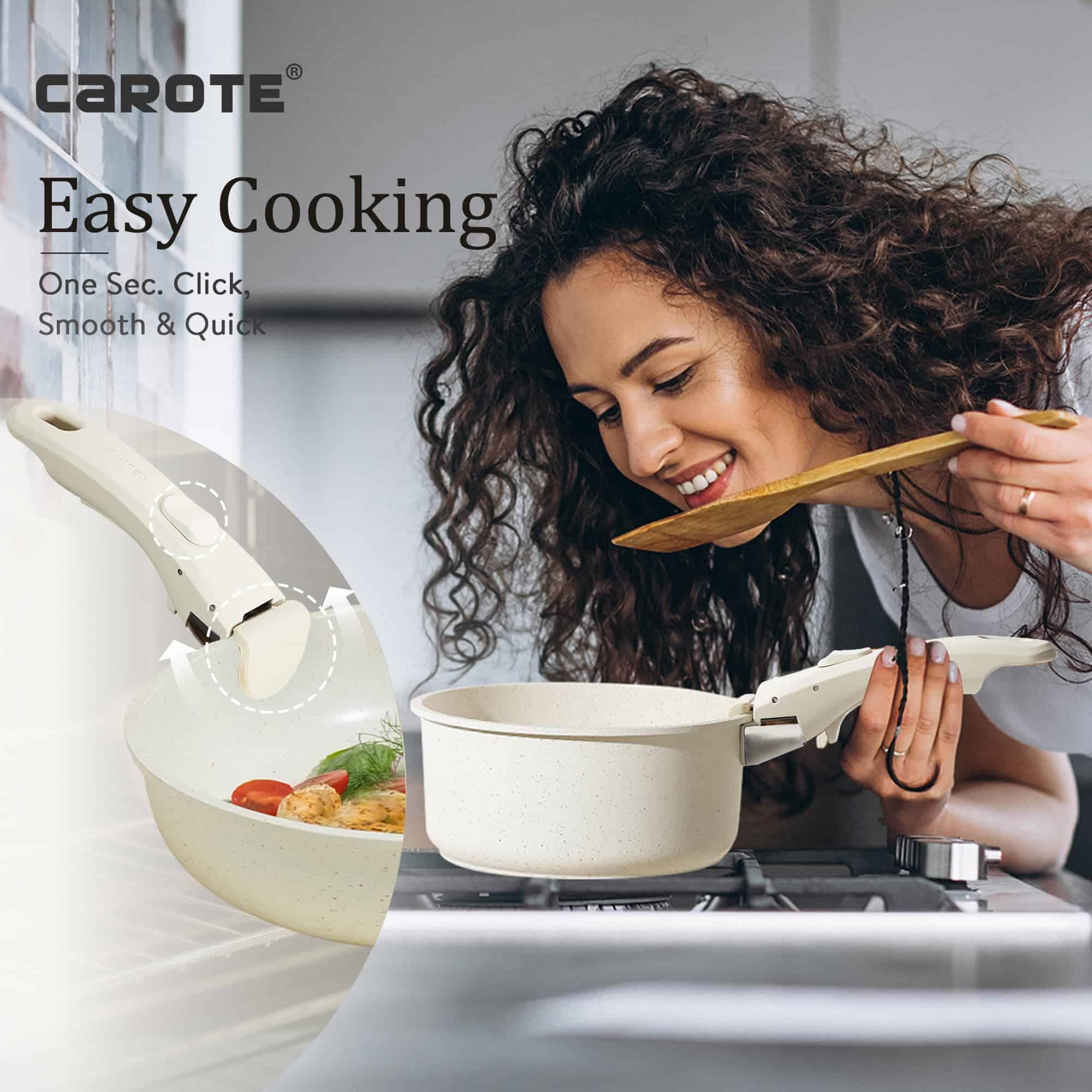 CAROTE 11pcs Pots and Pans Set Non Stick, Cookware Sets Detachable Handle, Cream White