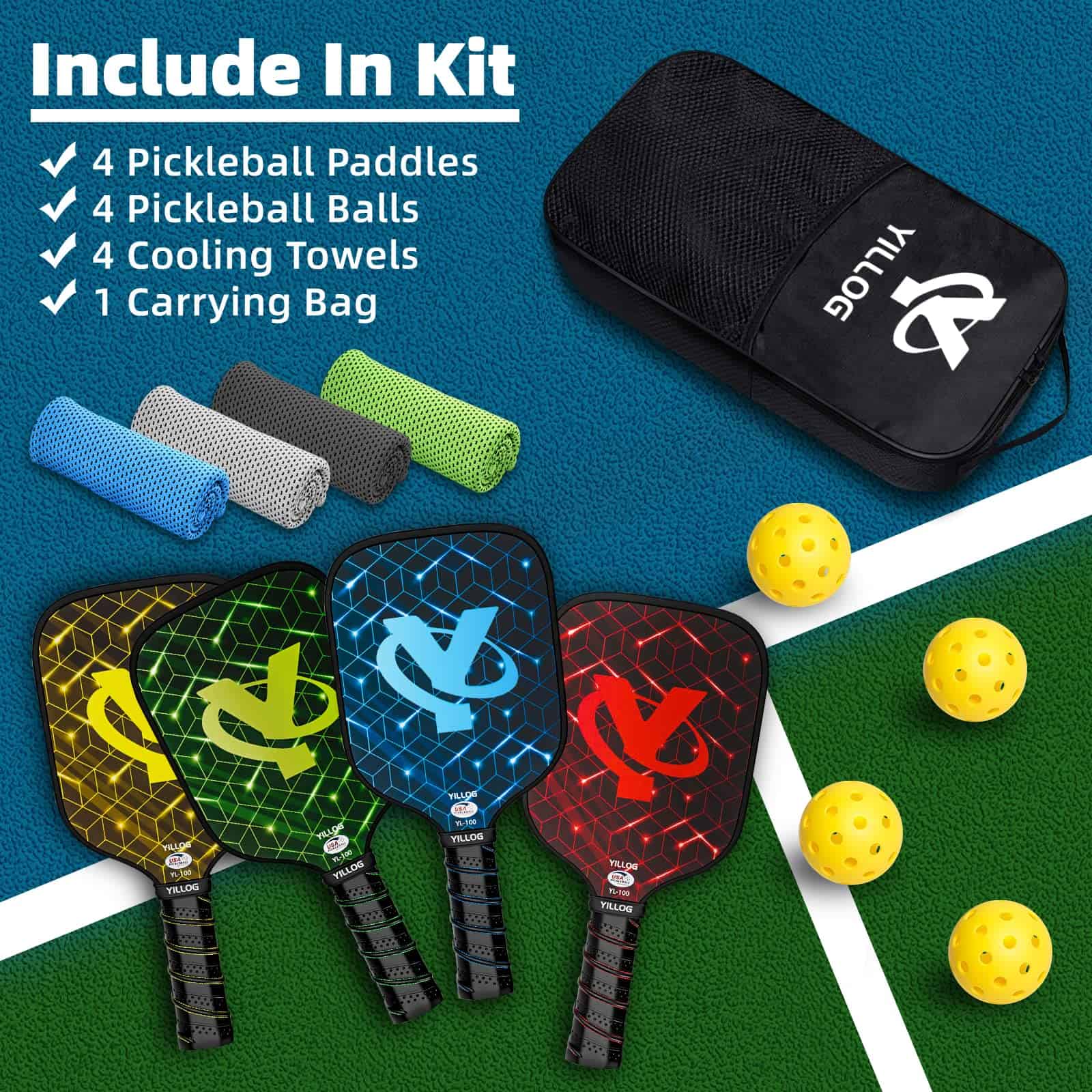 YILLOG Pickleball Paddles, USAPA Approved Pickleball Paddle Set of 4, Fiberglass Surface Pickleball Set, 4 Pickleball Balls