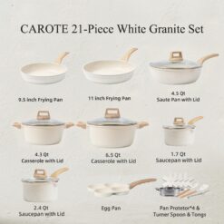CAROTE 21Pcs Pots and Pans Set, Nonstick Cookware Sets, White Granite Induction Cookware Non Stick Cooking Set