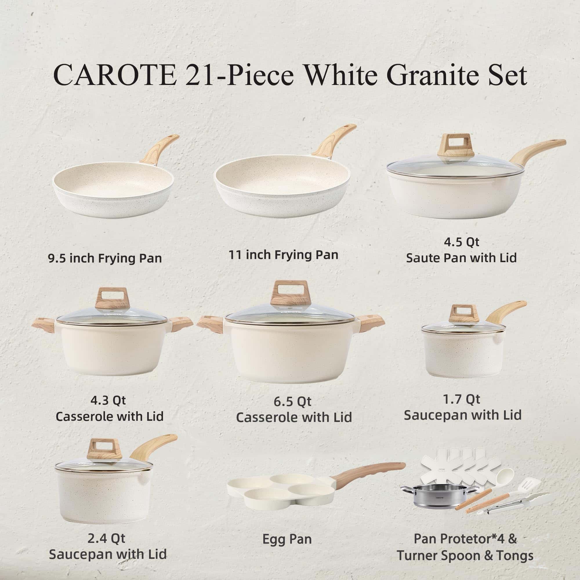 CAROTE 21Pcs Pots and Pans Set, Nonstick Cookware Sets, White Granite Induction Cookware Non Stick Cooking Set