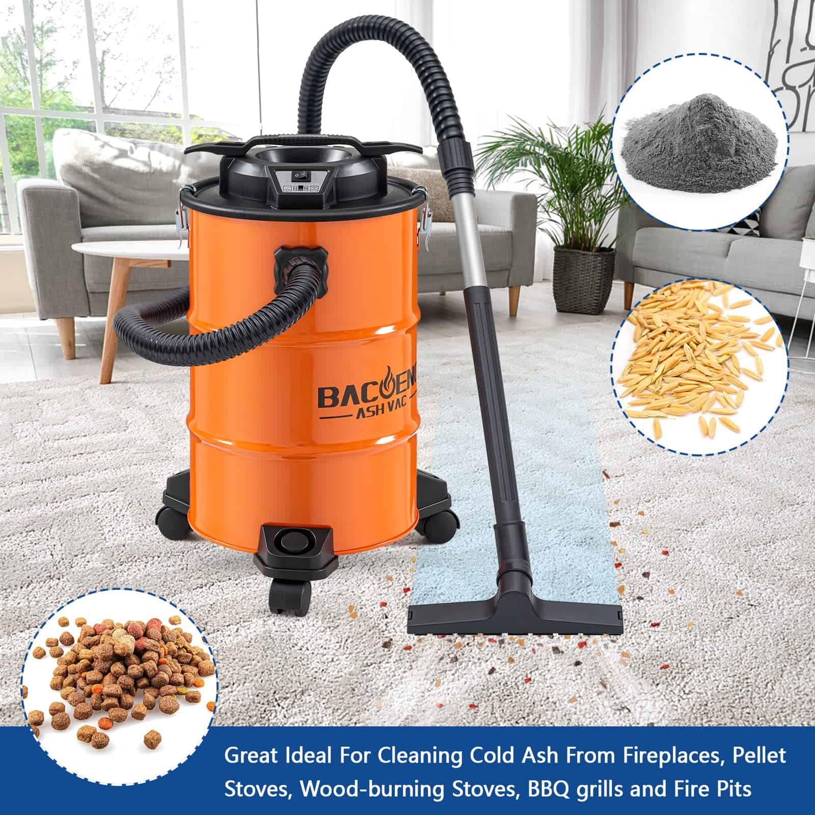 BACOENG 5.3-Gallon Ash Vacuum with Double Stage Filtration System, 10 Amp Ash Vacuum for Pellet Stoves
