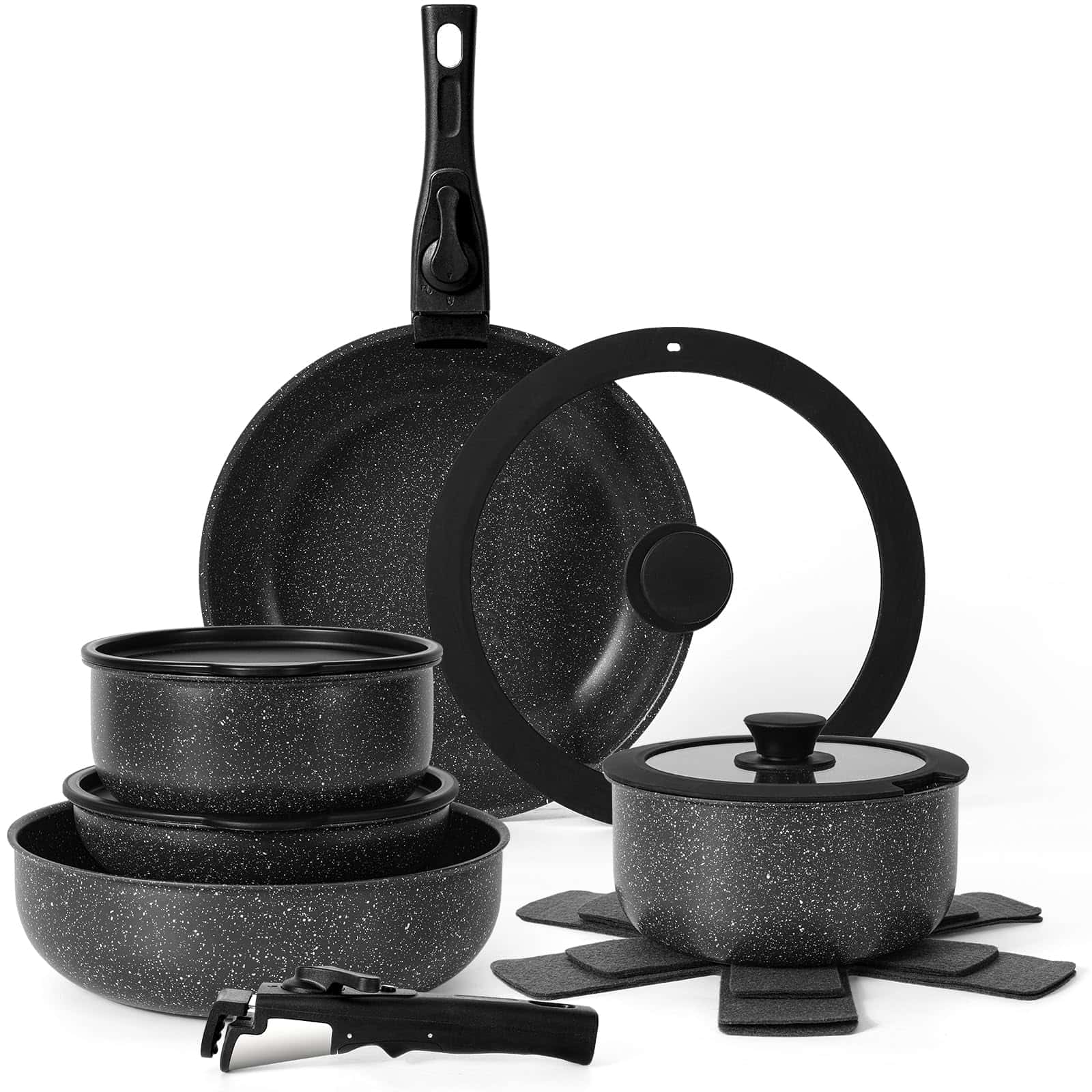 SODAY 15Pcs Pots and Pans Set Non Stick, Cookware Sets with Detachable Handle, Black