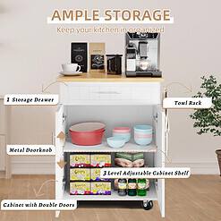 Shintenchi Kitchen Island Cart with Storage, Rolling Side Table on Wheels, White
