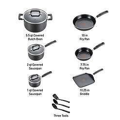 T-fal Signature Nonstick Cookware Set 12 Piece, Oven Broiler Safe 350F, Dishwasher Safe, Black