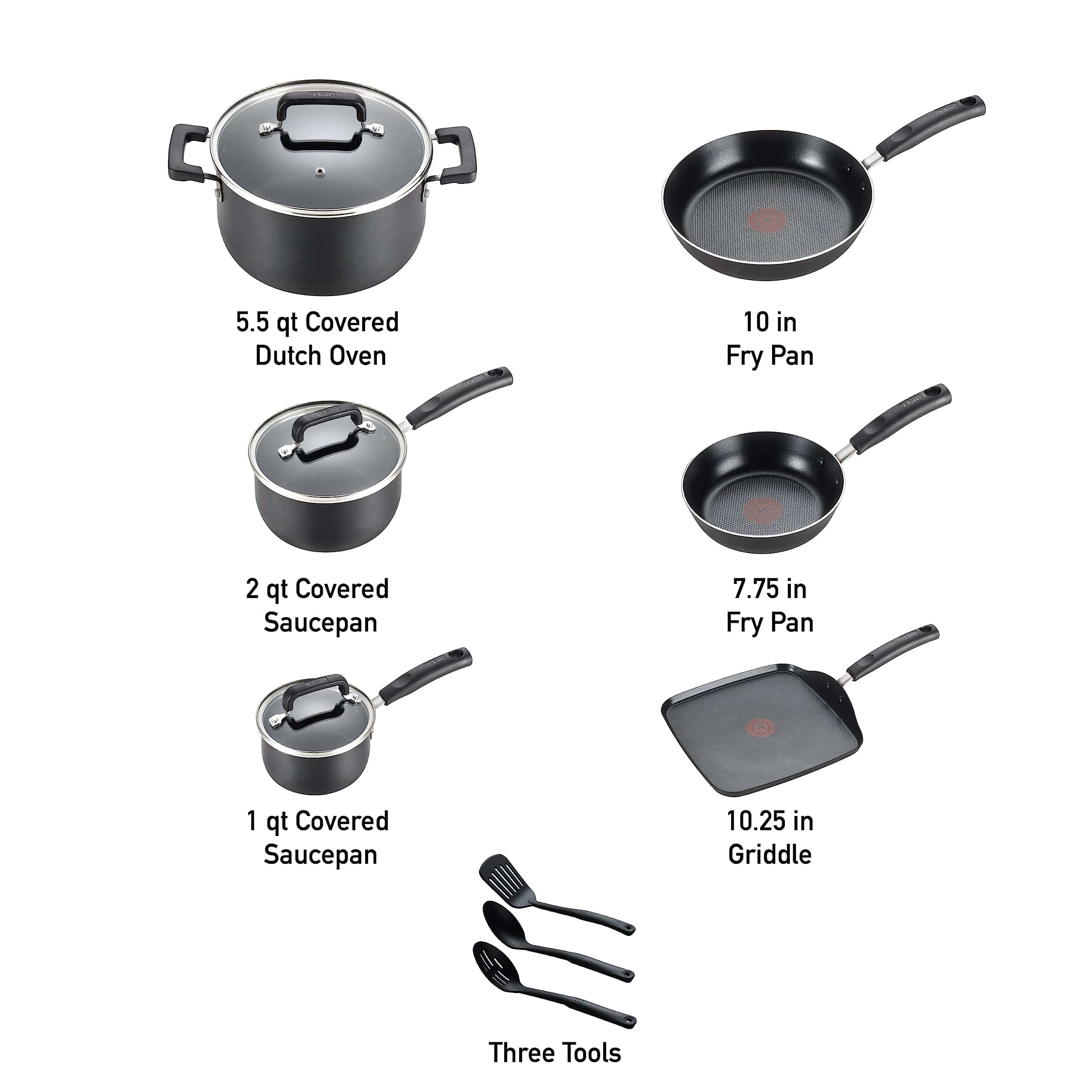 T-fal Signature Nonstick Cookware Set 12 Piece, Oven Broiler Safe 350F, Dishwasher Safe, Black