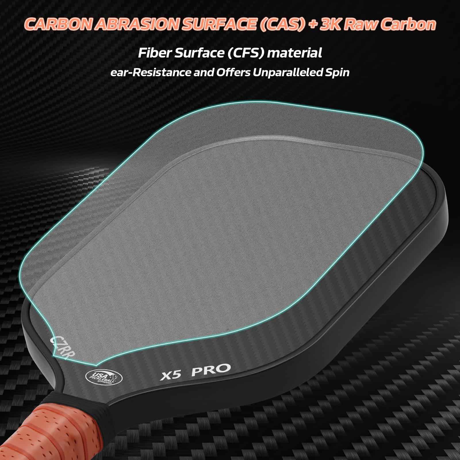 CZRR Pickleball Paddle, USA Pickleball Approved, 3K Raw Carbon Fiber Surface (CFS) High Grit & Spin, 16MM-1PC