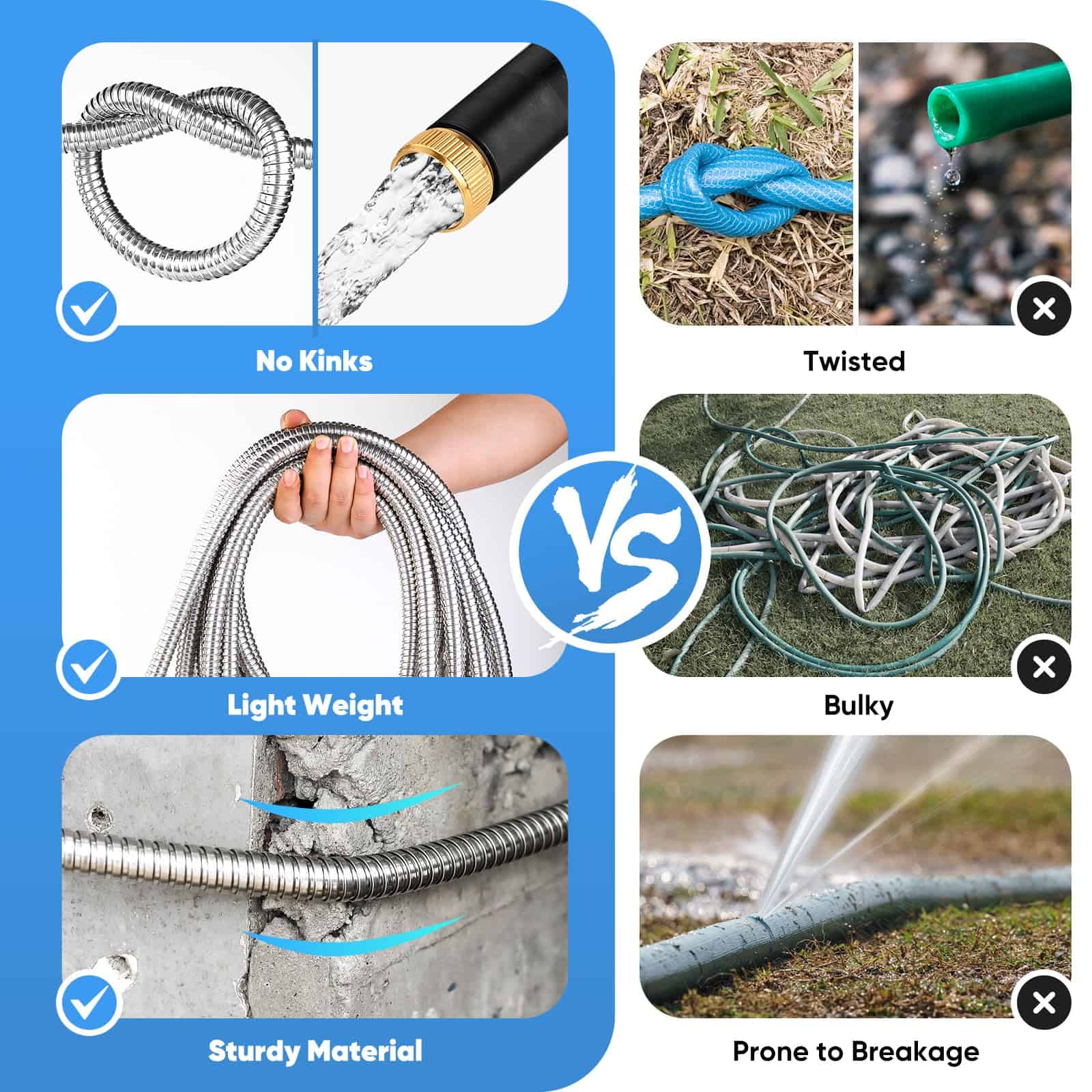 Itsonestep Garden Hose 50 FT, Metal Stainless Steel Water Hose with 10 Function Nozzles
