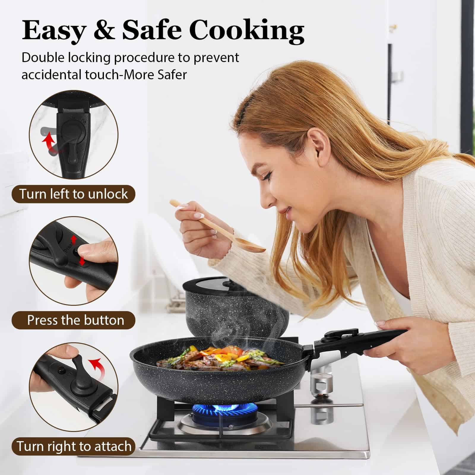 SODAY 15Pcs Pots and Pans Set Non Stick, Cookware Sets with Detachable Handle, Black