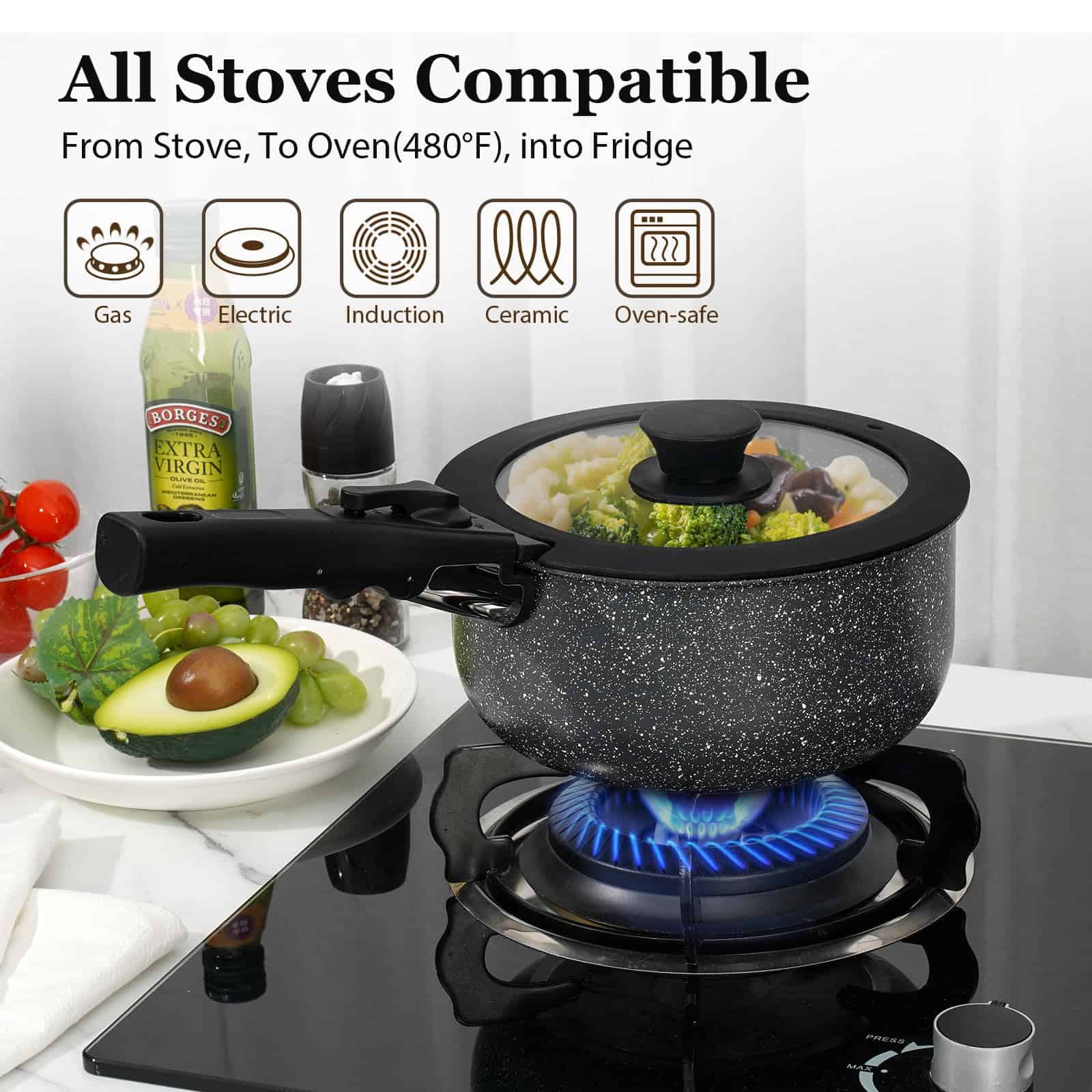 SODAY 15Pcs Pots and Pans Set Non Stick, Cookware Sets with Detachable Handle, Black