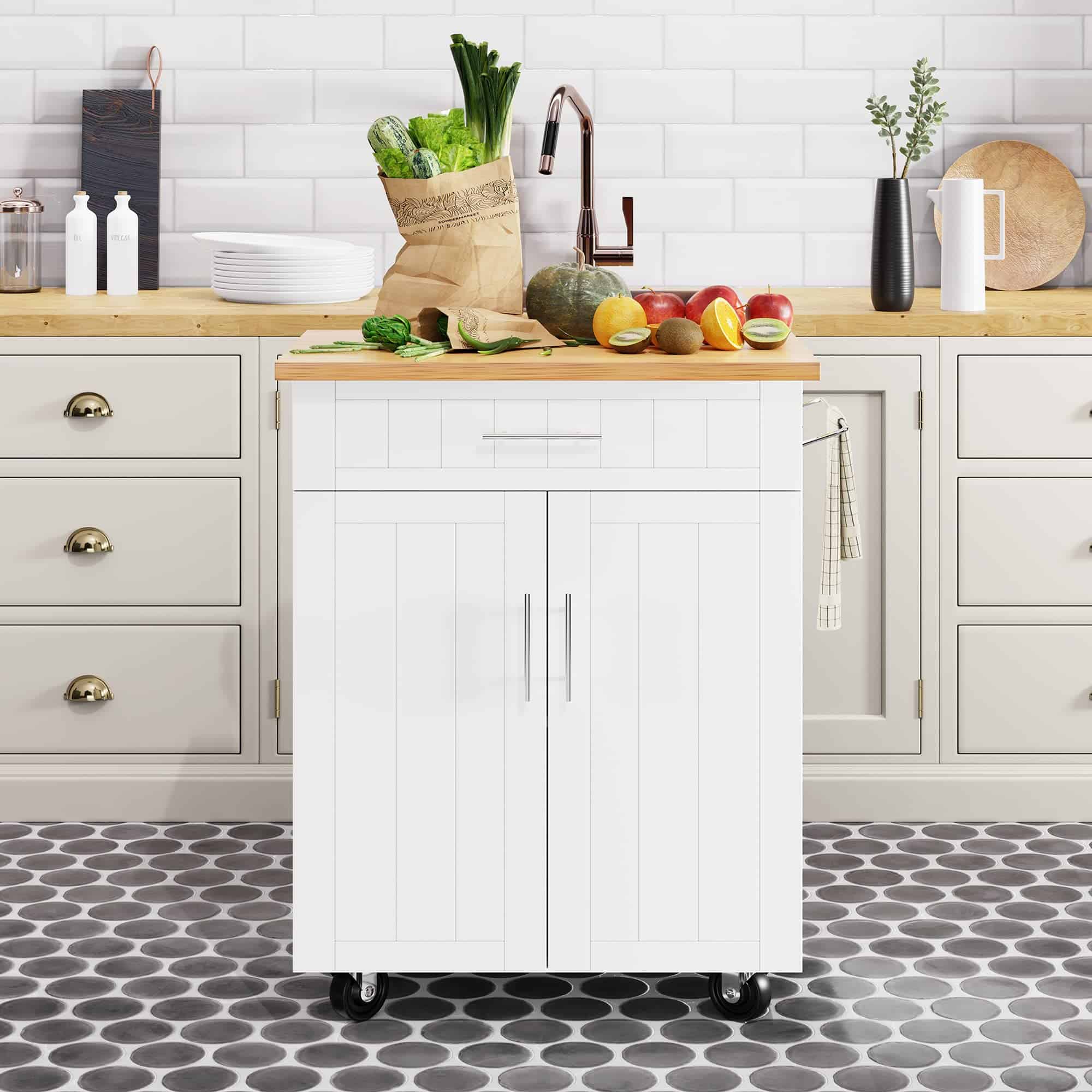 Shintenchi Kitchen Island Cart with Storage, Rolling Side Table on Wheels, White