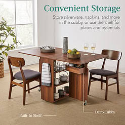 Best Choice Products Multipurpose Folding Table w/ Built-in Wheels, 3 Storage Shelves, Cubby, Carrying Handle - Brown