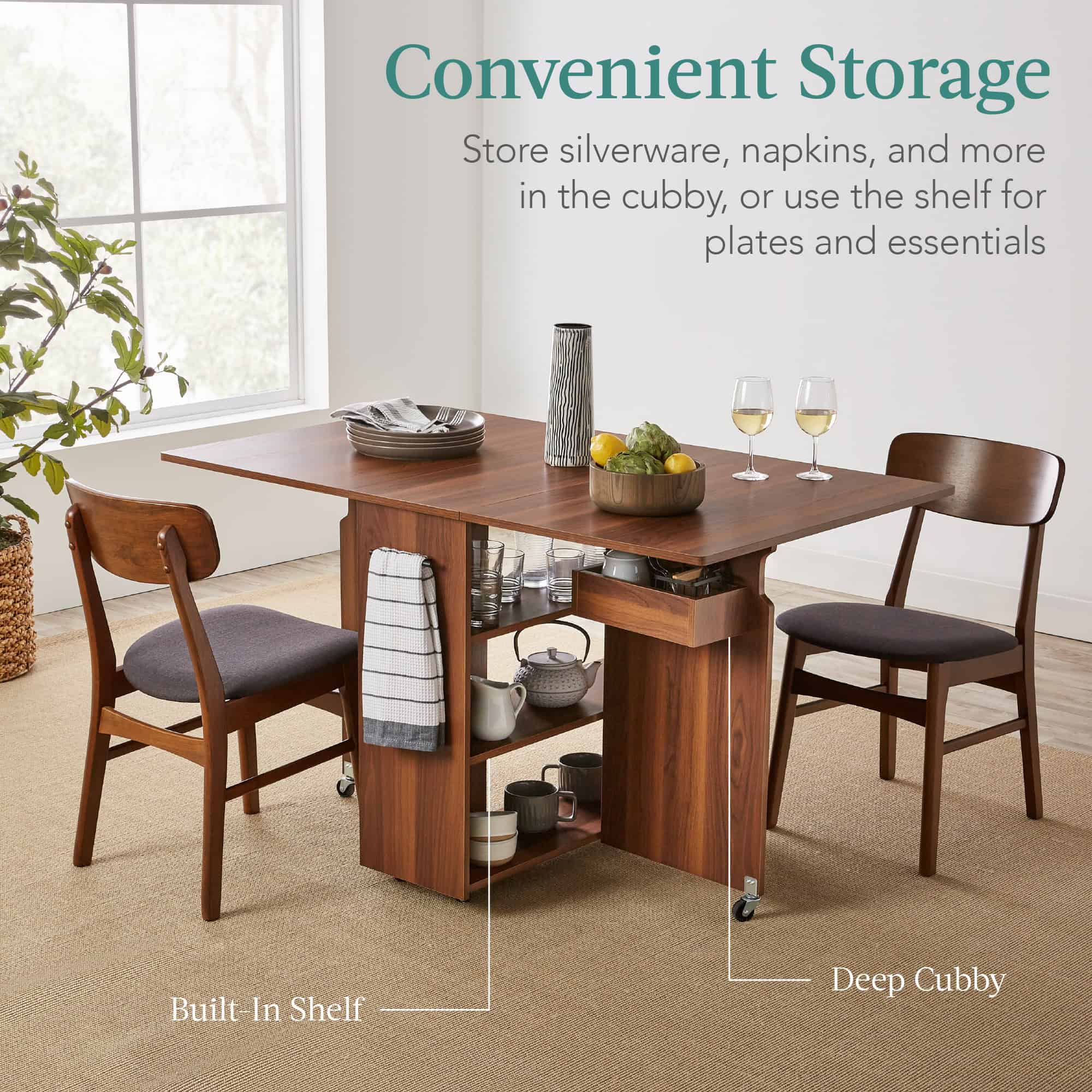 Best Choice Products Multipurpose Folding Table w/ Built-in Wheels, 3 Storage Shelves, Cubby, Carrying Handle - Brown