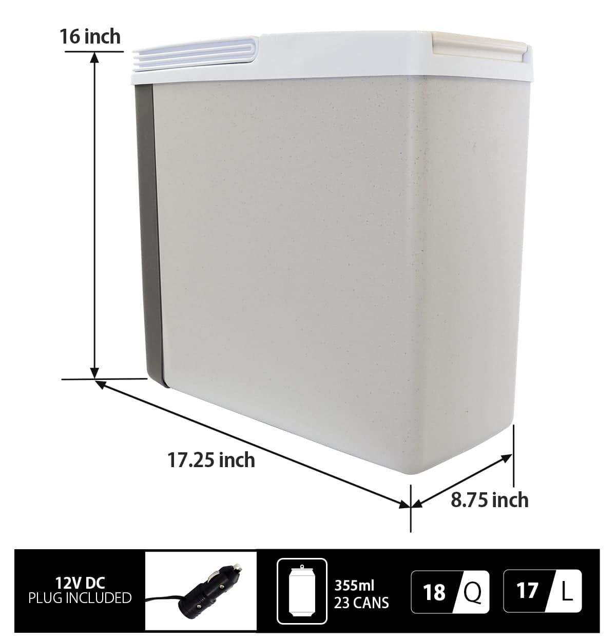 Slim Compact P20 Thermoelectric Iceless 12V Cooler Warmer, 17L / 18 qt Portable Travel Fridge, Grey and White, Made in North America