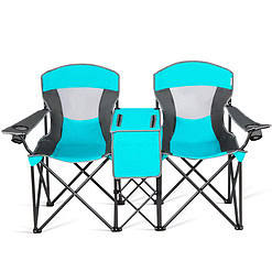 Gymax Folding 2-person Camping Chairs Double Sunshade Chairs w/ Canopy Turquoise, Adult