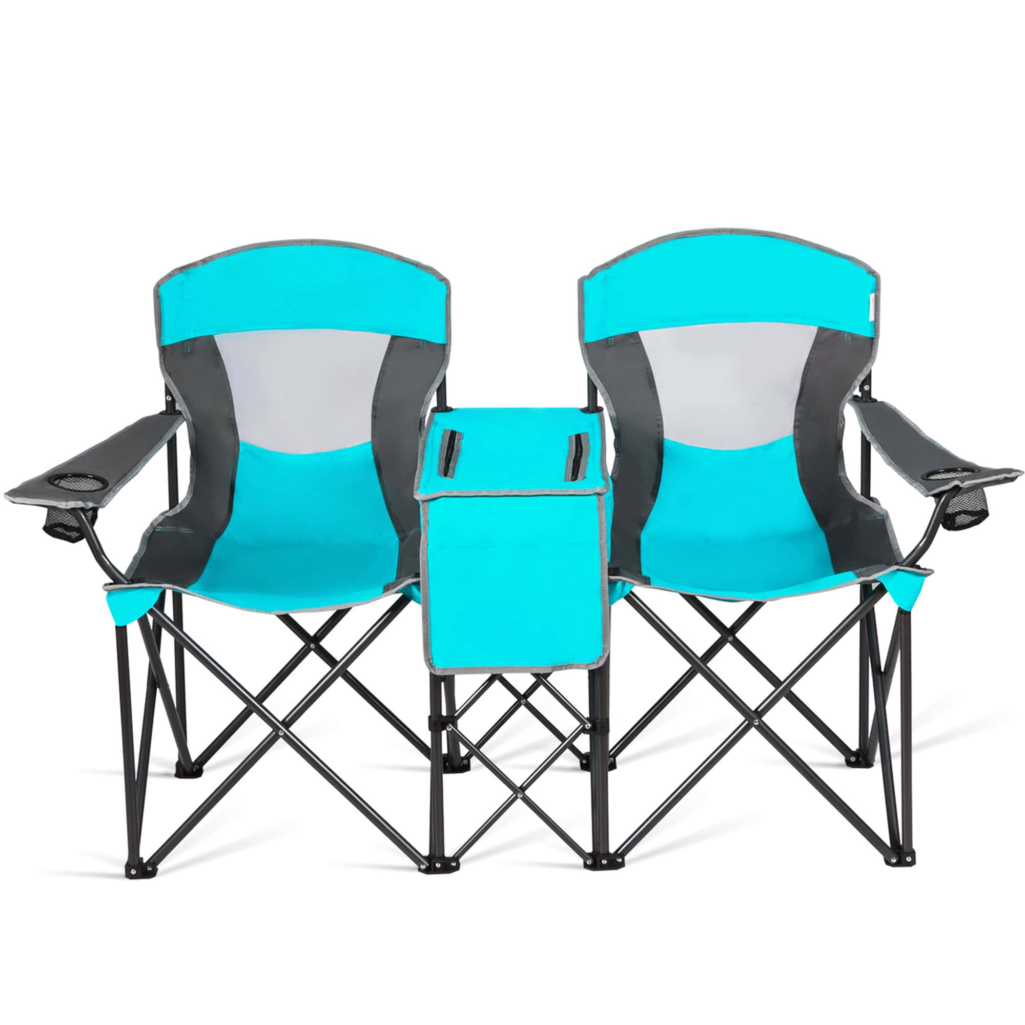 Gymax Folding 2-person Camping Chairs Double Sunshade Chairs w/ Canopy Turquoise, Adult