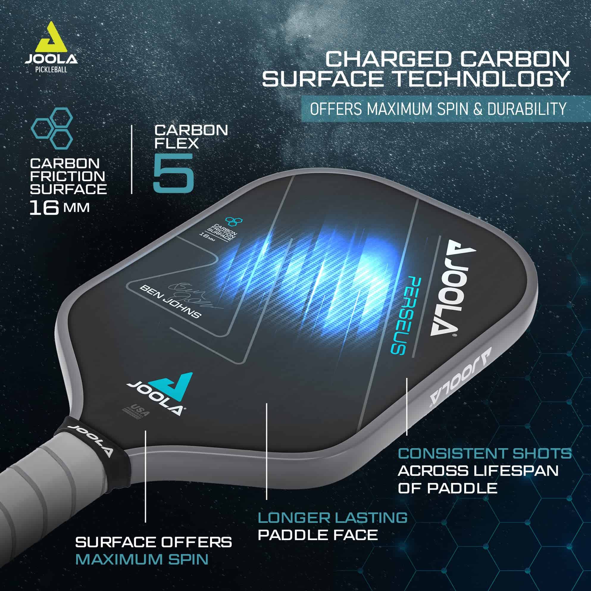 JOOLA Ben Johns Perseus Pickleball Paddle with Charged Surface Technology for Increased Power & Feel