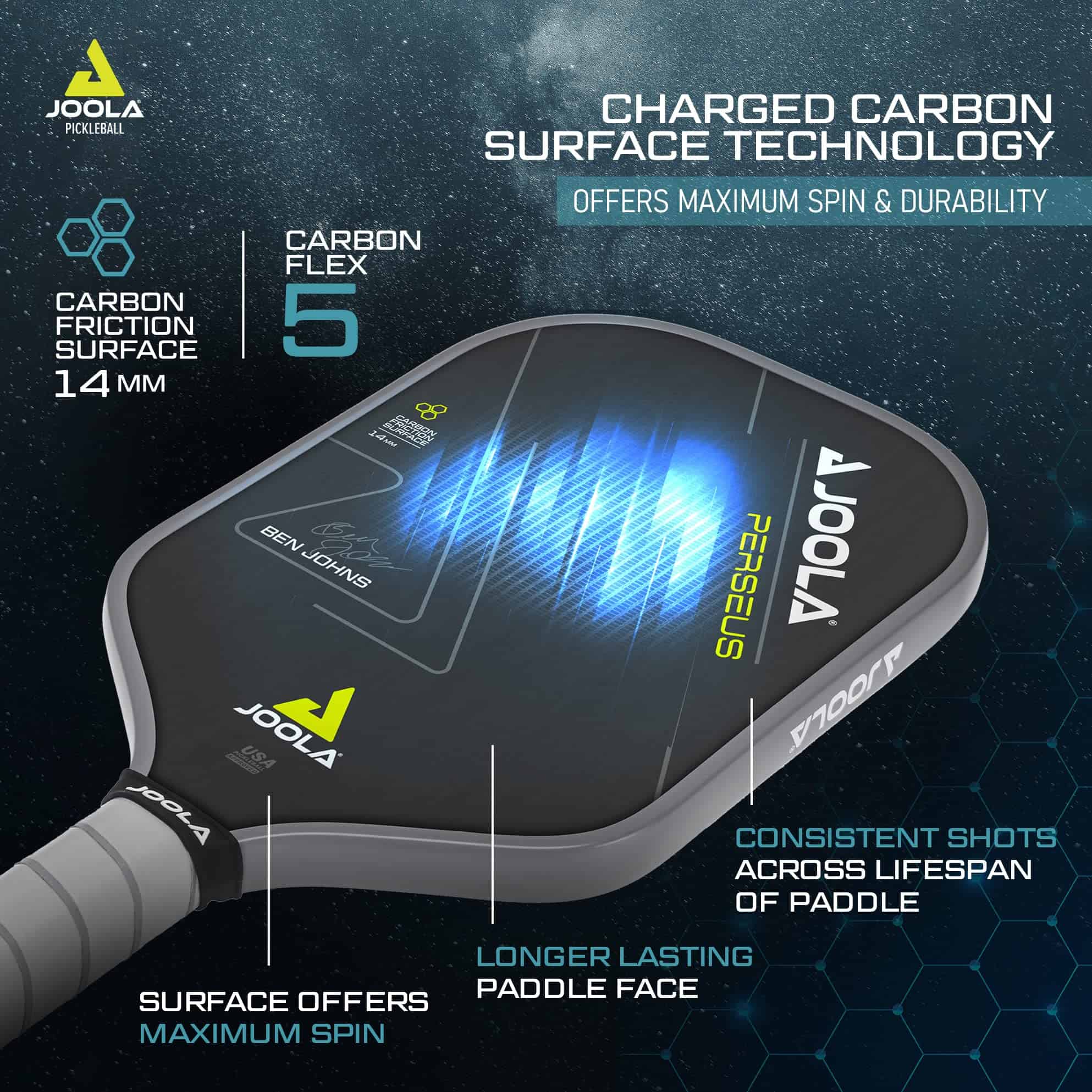 JOOLA Ben Johns Perseus Pickleball Paddle with Charged Surface Technology for Increased Power & Feel, 14mm