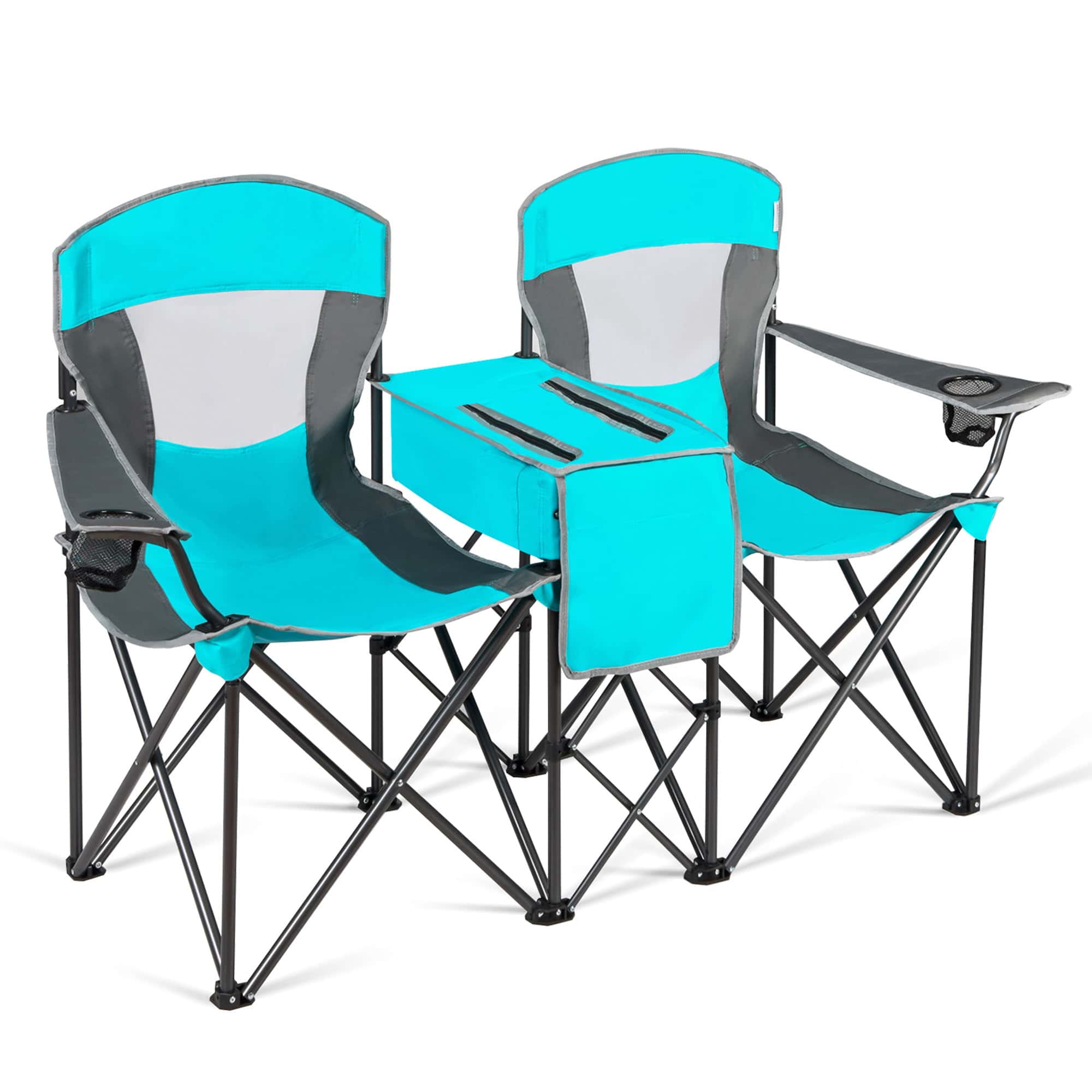 Gymax Folding 2-person Camping Chairs Double Sunshade Chairs w/ Canopy Turquoise, Adult