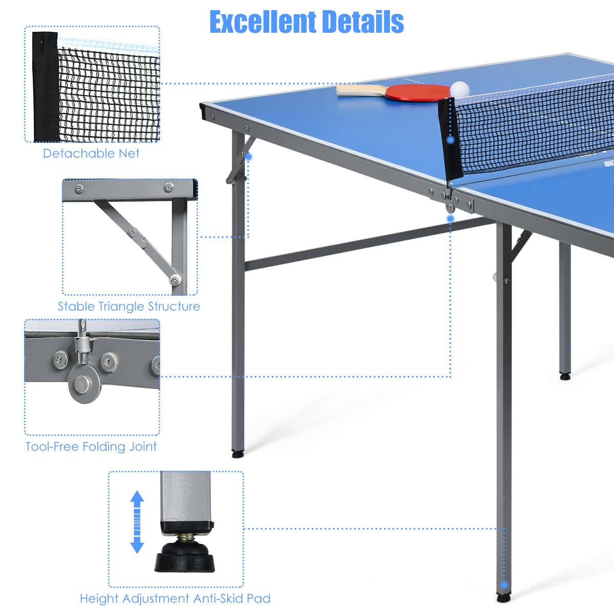 Topbuy Folding Mid-Size Kids Ping-Pong Tennis Table with 1 Net/2 Bats/3 Ping-Pong Ball