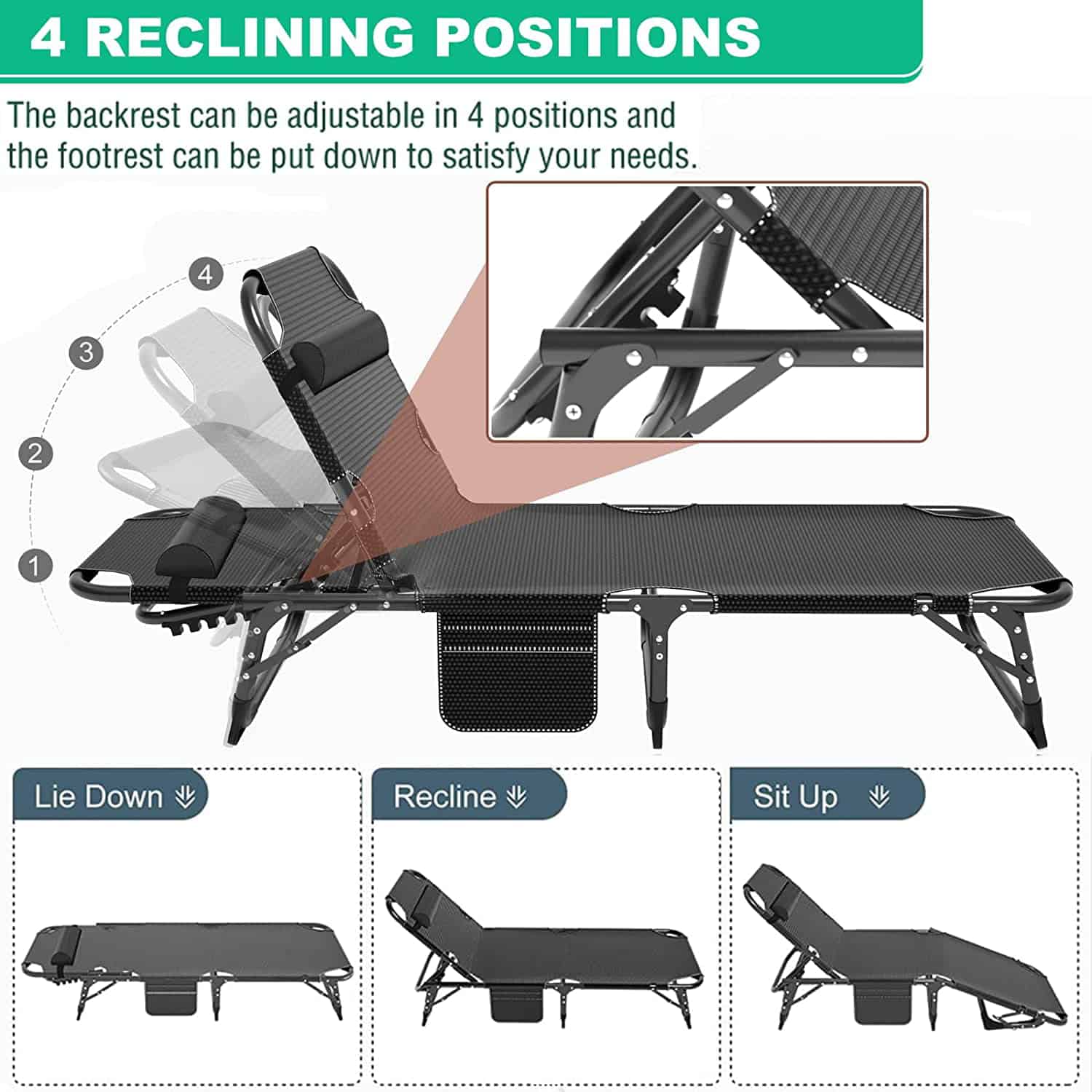Slsy 4-Fold Portable Sleeping Cots Bed with 2 Sided Mattress & Pillow, Adjustable 4-Position Folding Lounge Chair, Folding Camping Cot