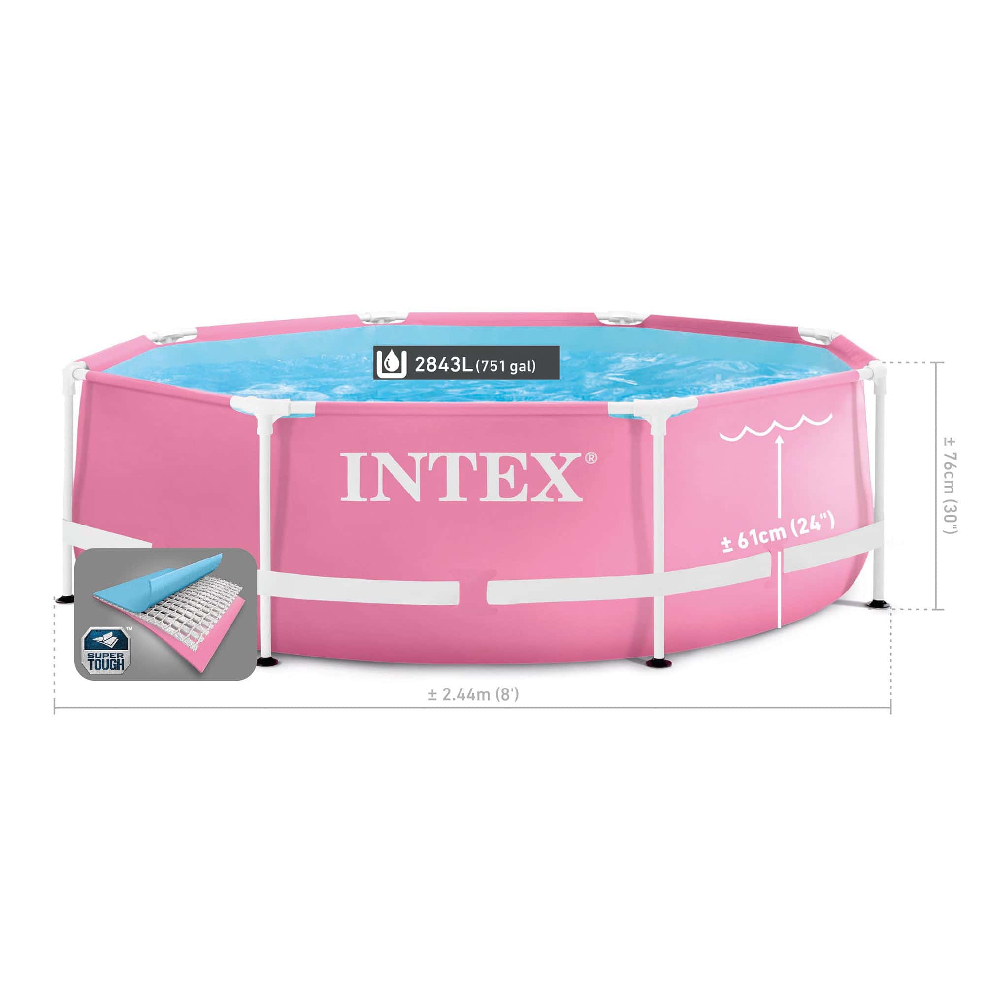 Intex 8ft x 2.5ft Round Metal Frame Above Ground Swimming Pool, Pink