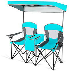 Gymax Folding 2-person Camping Chairs Double Sunshade Chairs w/ Canopy Turquoise, Adult