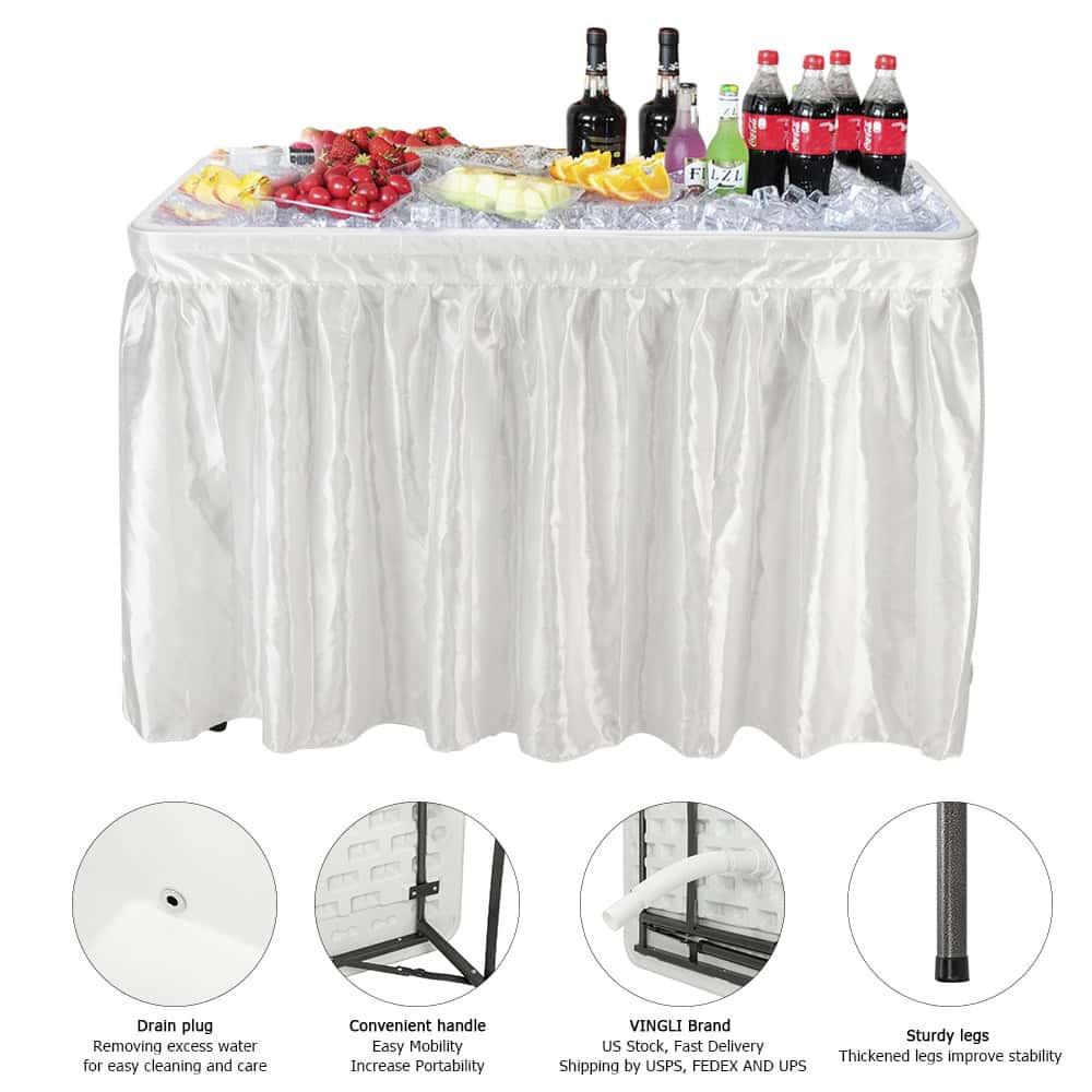 VINGLI 4 Foot Party Ice Cooler Folding Table, Portable Tailgate Camp Fishing Cleaning Table, Plastic with Matching Skirt